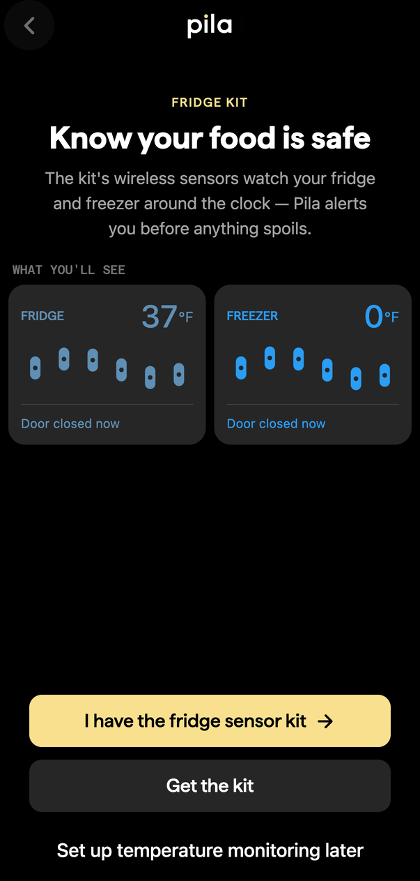 The Fridge Kit intro screen in the Pila app, with sample fridge and freezer tiles