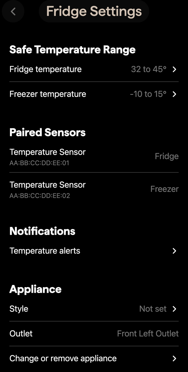 The fridge settings screen in the Pila app showing safe temperature ranges and paired sensors
