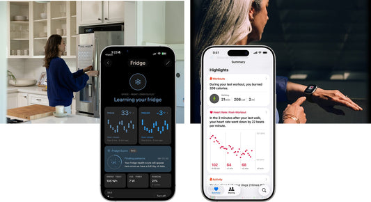 The Pila app showing fridge and freezer temperatures next to the Apple Health app on an Apple Watch wearer