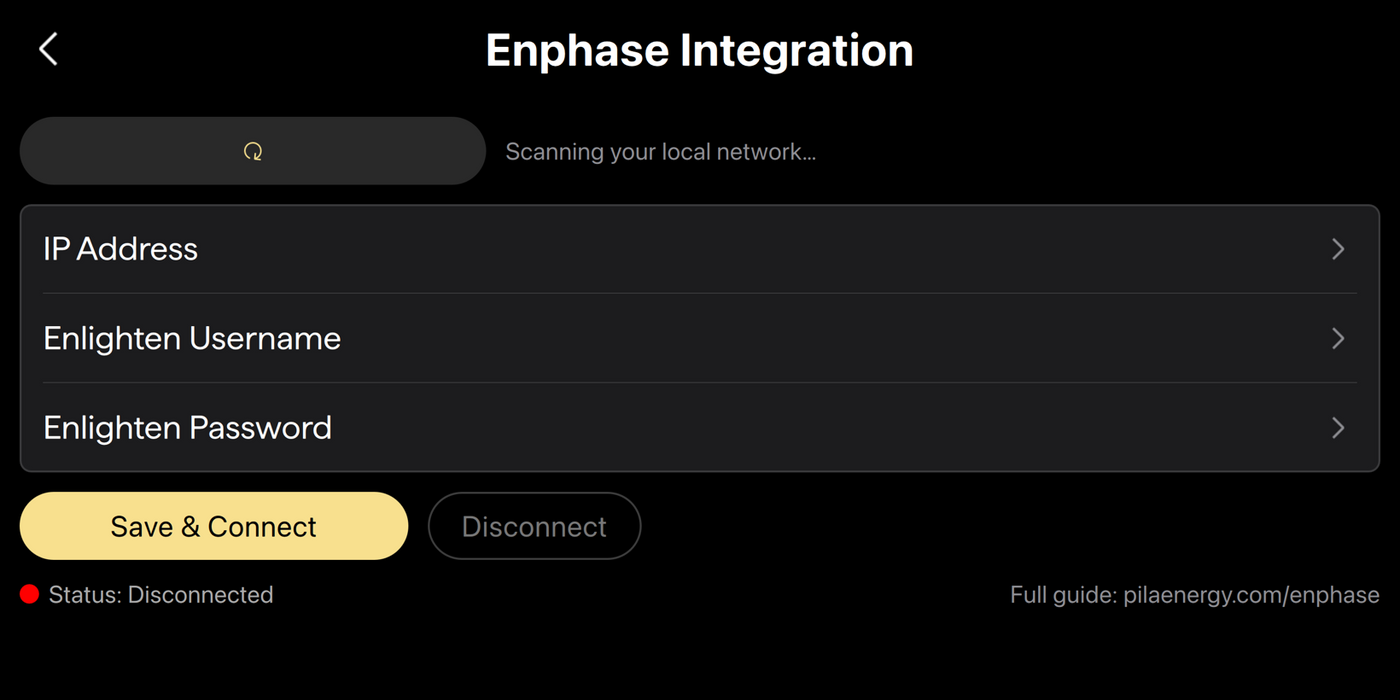 Pila scanning the local network for an Enphase system