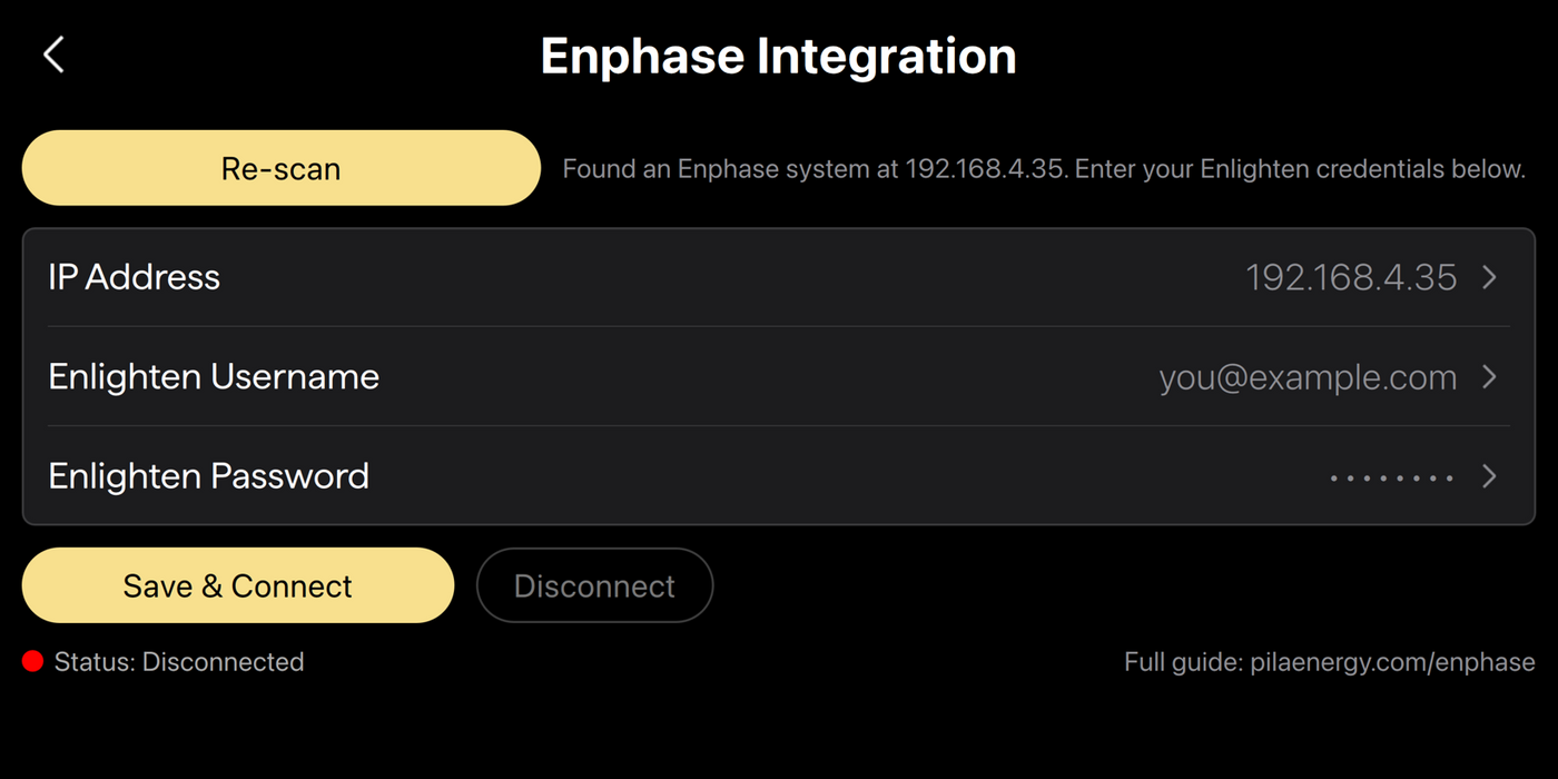 Enphase Integration screen with IP address, username and password filled in