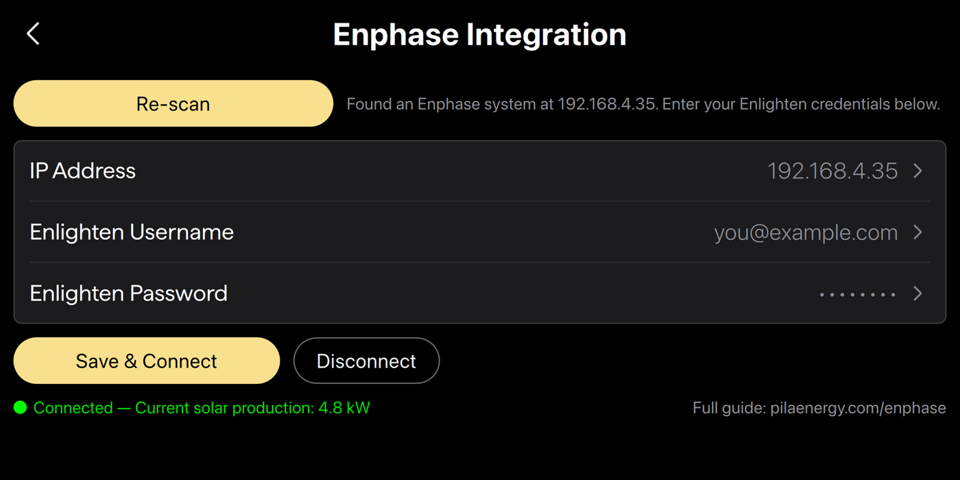 Enphase Integration screen showing green connected status with live solar production