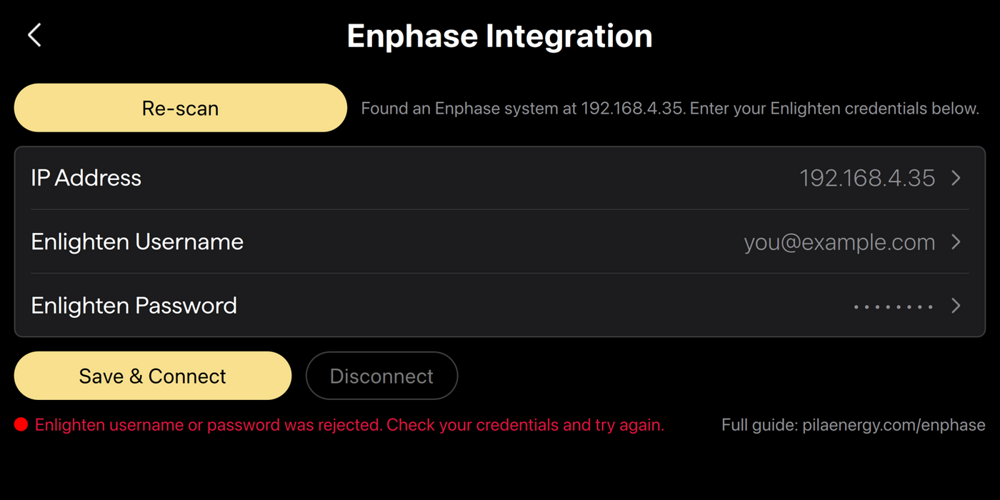 Enphase Integration screen showing a credentials rejected error in red