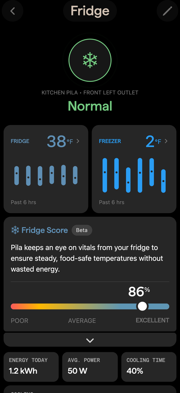 The fridge page in the Pila app showing fridge and freezer temperatures and a fridge score