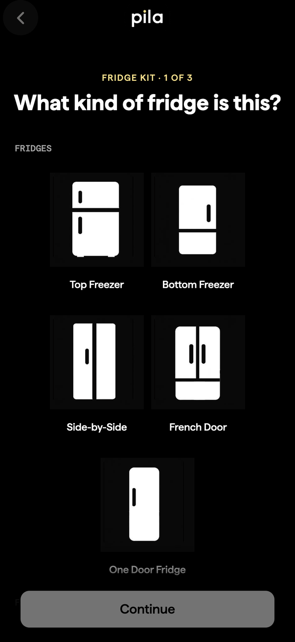 The fridge style picker in the Pila app